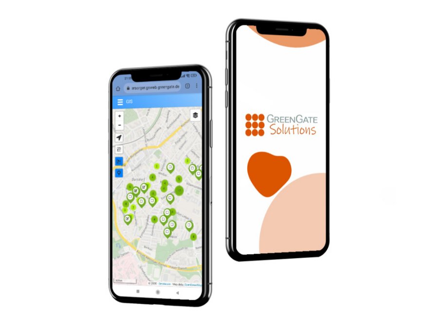 Bildkomposition bestehend aus zwei Smartphones. Dargestellt wird ein Kartenauschnitt mit Aufgaben sowie der Wort Bildmarke GreenGate Solutions.